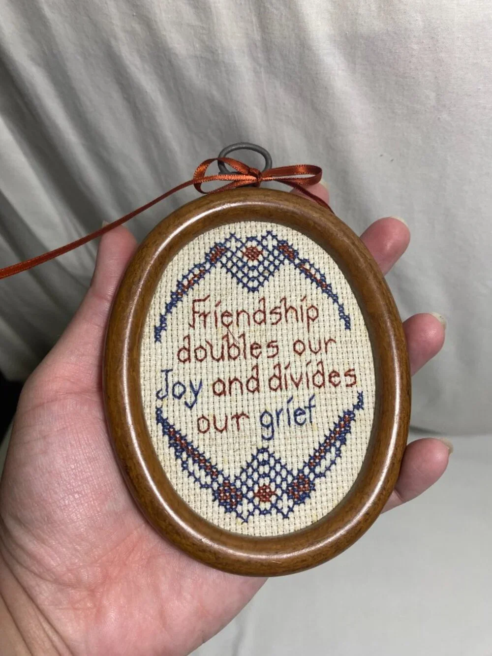 Vintage Framed Cross Stitch Friendship Wall Hanging Wooden Oval Frame Handmade